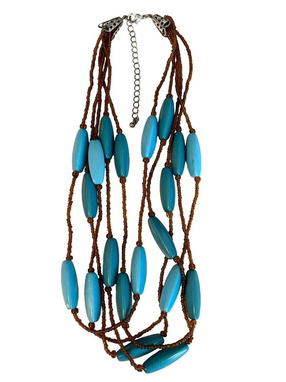 Y2K Turquoise Multi Strand Necklace Boho Layered Beaded Brown Seed Beads Adjusta